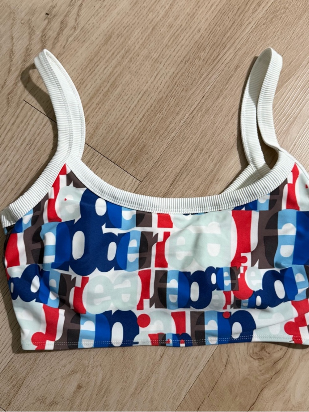 aerie White Multi-Color Logo Print Bikini Top